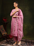 Embroidered Kurta With Pant & Organza Dupatta, Pink - Hiral Fashion - Distacart