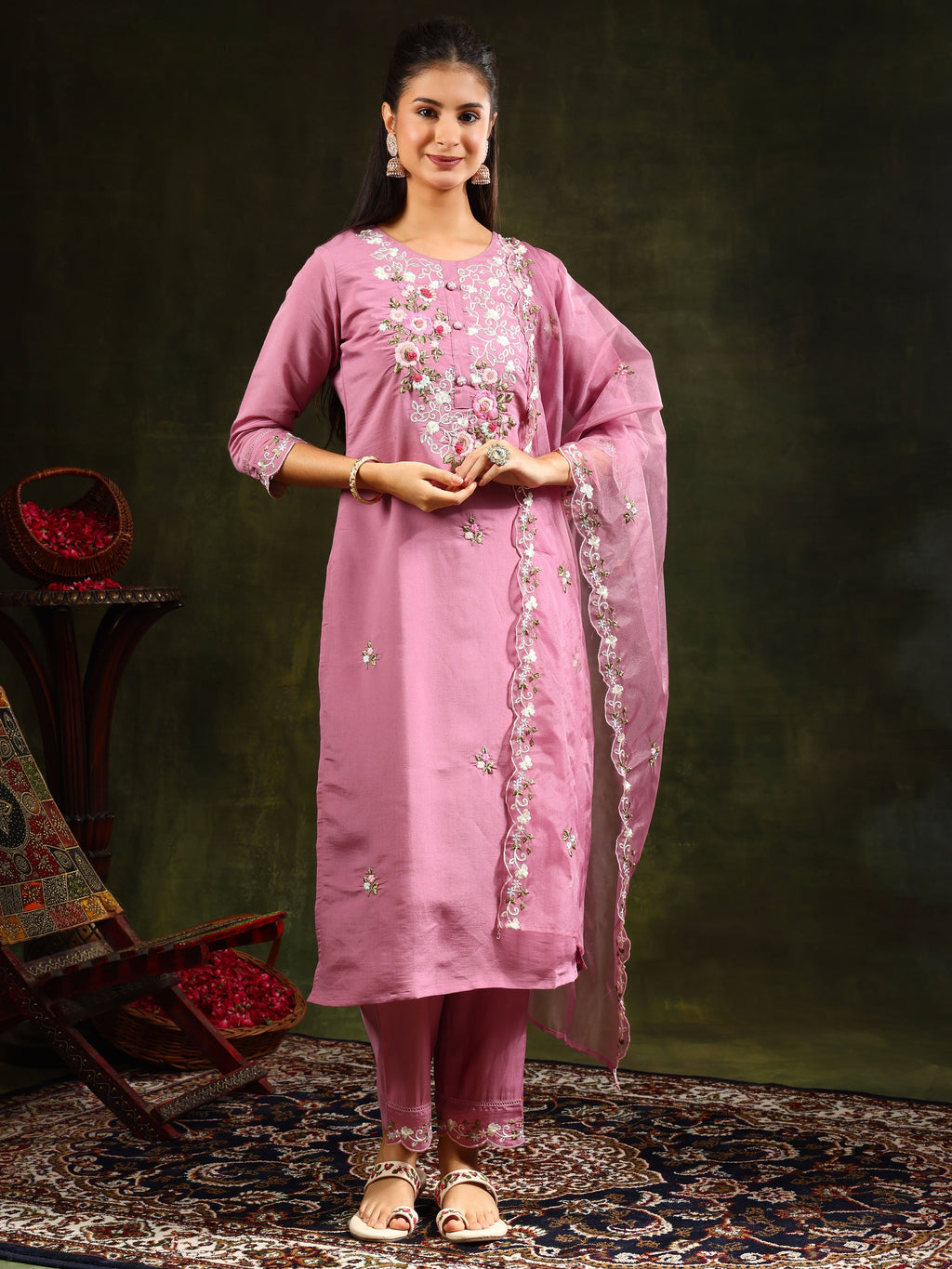 Embroidered Kurta With Pant & Organza Dupatta, Pink - Hiral Fashion - Distacart