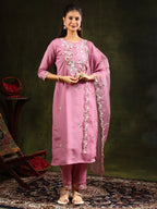 Embroidered Kurta With Pant & Organza Dupatta, Pink - Hiral Fashion - Distacart