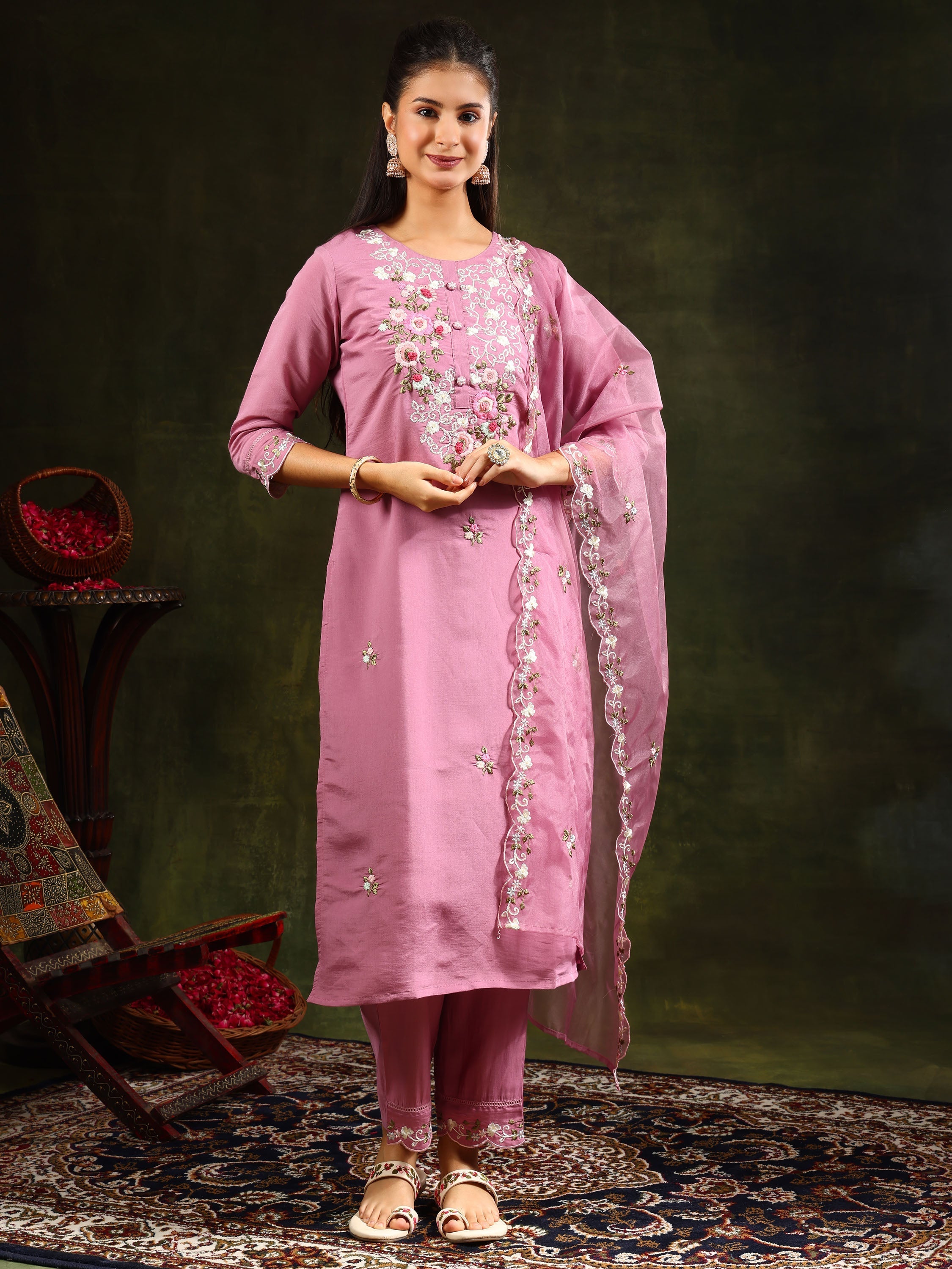 Embroidered Kurta With Pant & Organza Dupatta, Pink - Hiral Fashion - Distacart