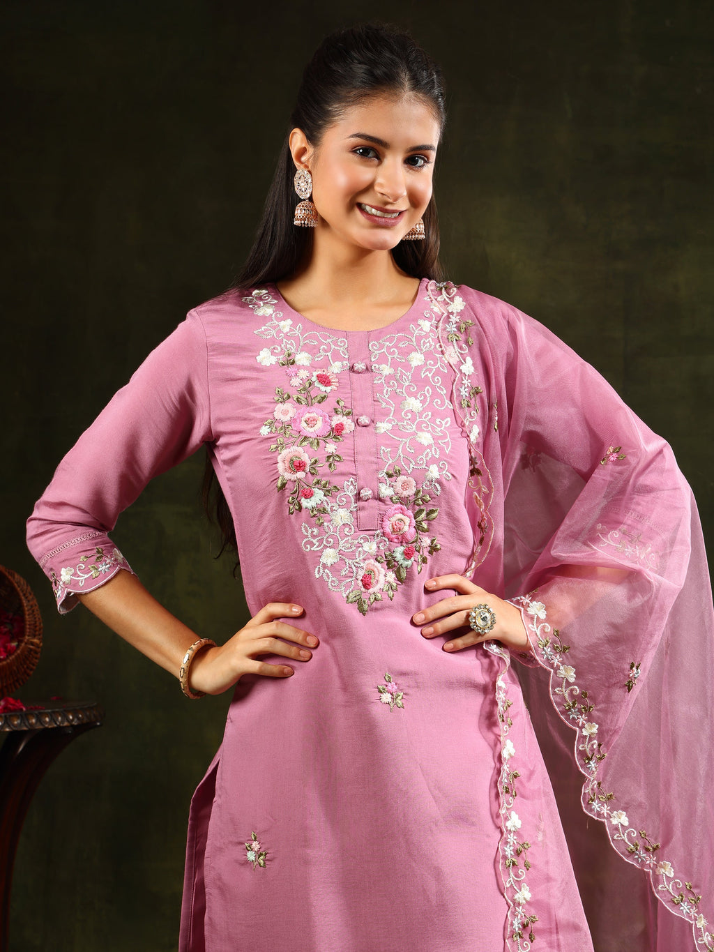 Embroidered Kurta With Pant & Organza Dupatta, Pink - Hiral Fashion - Distacart