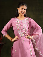 Embroidered Kurta With Pant & Organza Dupatta, Pink - Hiral Fashion - Distacart