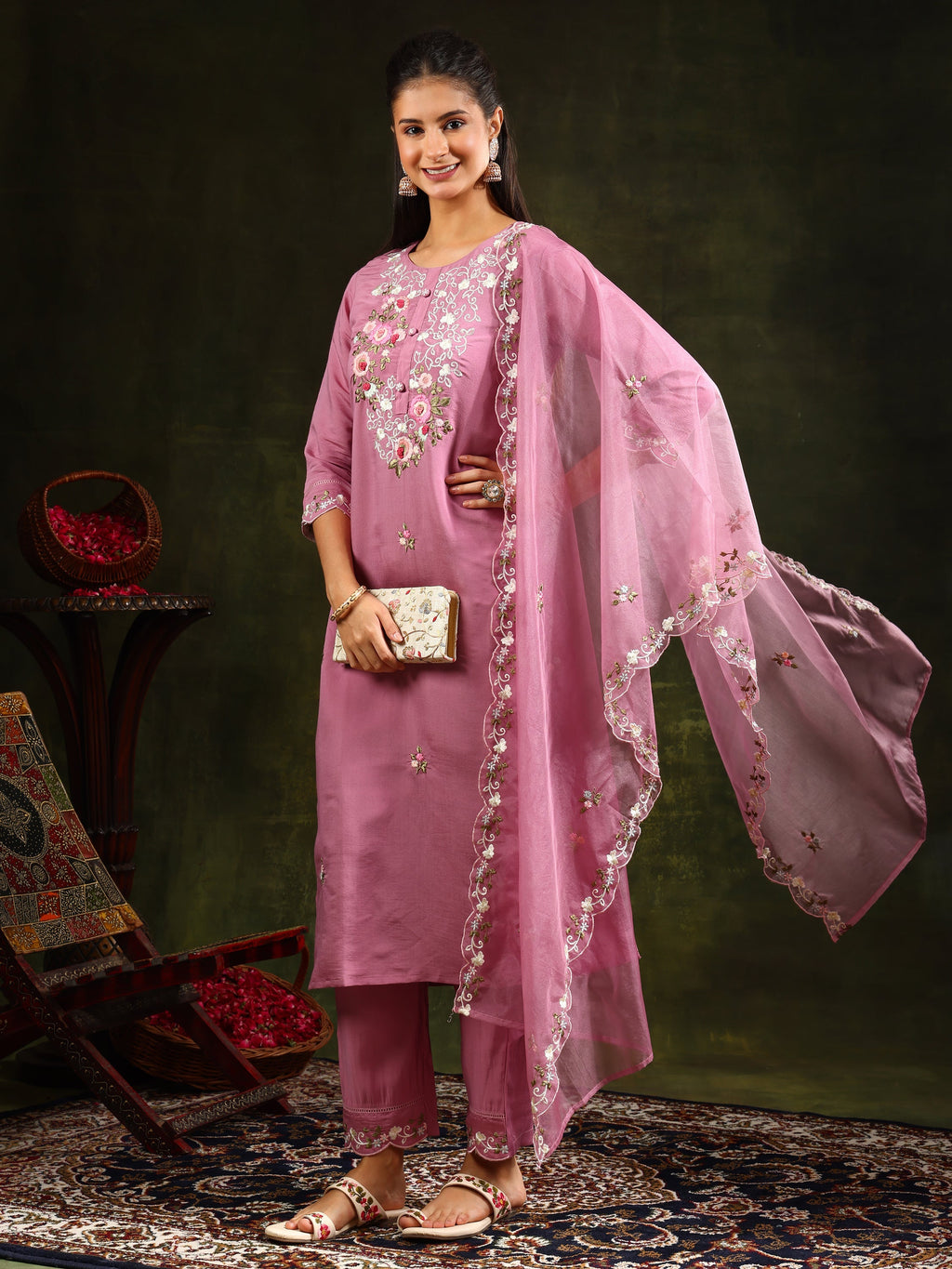 Embroidered Kurta With Pant & Organza Dupatta, Pink - Hiral Fashion - Distacart