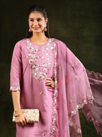 Embroidered Kurta With Pant & Organza Dupatta, Pink - Hiral Fashion - Distacart