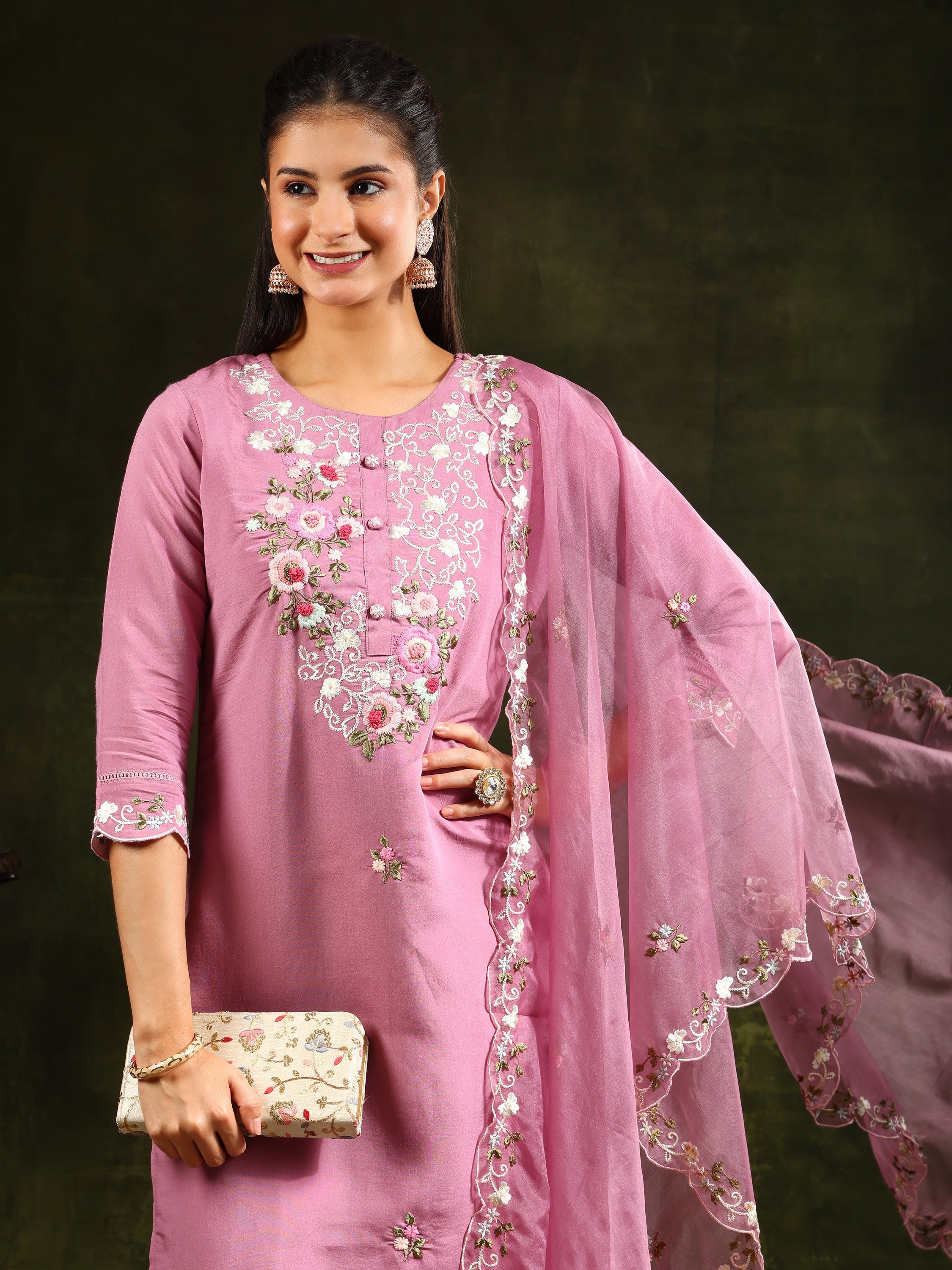 Embroidered Kurta With Pant & Organza Dupatta, Pink - Hiral Fashion - Distacart