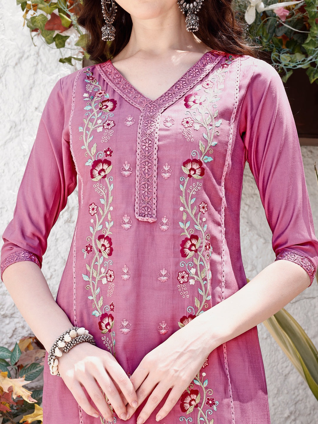 Embroidered Kurta With Pant & Organza Dupatta, Pink - Hiral Fashion - Distacart