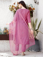 Embroidered Kurta With Pant & Organza Dupatta, Pink - Hiral Fashion - Distacart