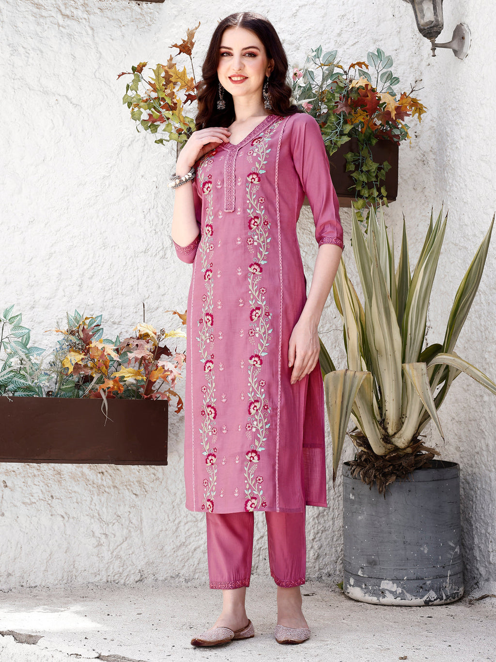 Embroidered Kurta With Pant & Organza Dupatta, Pink - Hiral Fashion - Distacart
