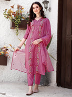 Embroidered Kurta With Pant & Organza Dupatta, Pink - Hiral Fashion - Distacart
