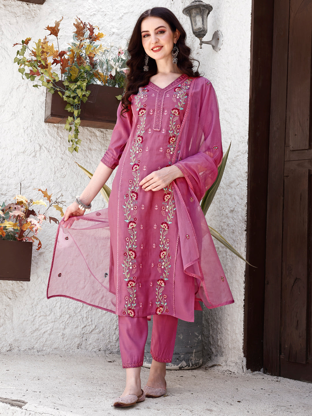 Embroidered Kurta With Pant & Organza Dupatta, Pink - Hiral Fashion - Distacart