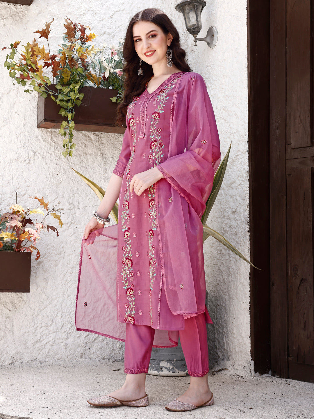 Embroidered Kurta With Pant & Organza Dupatta, Pink - Hiral Fashion - Distacart