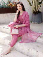 Embroidered Kurta With Pant & Organza Dupatta, Pink - Hiral Fashion - Distacart