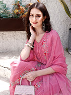 Embroidered Kurta With Pant & Organza Dupatta, Pink - Hiral Fashion - Distacart