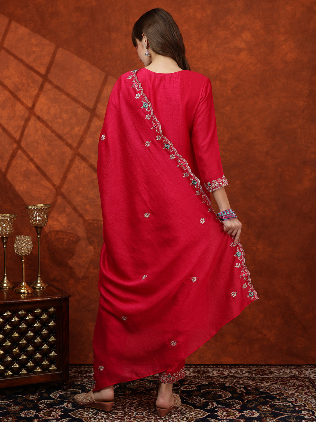 Embroidered Kurta With Pant & Embroidered Dupatta, Pink - Hiral Fashion - Distacart