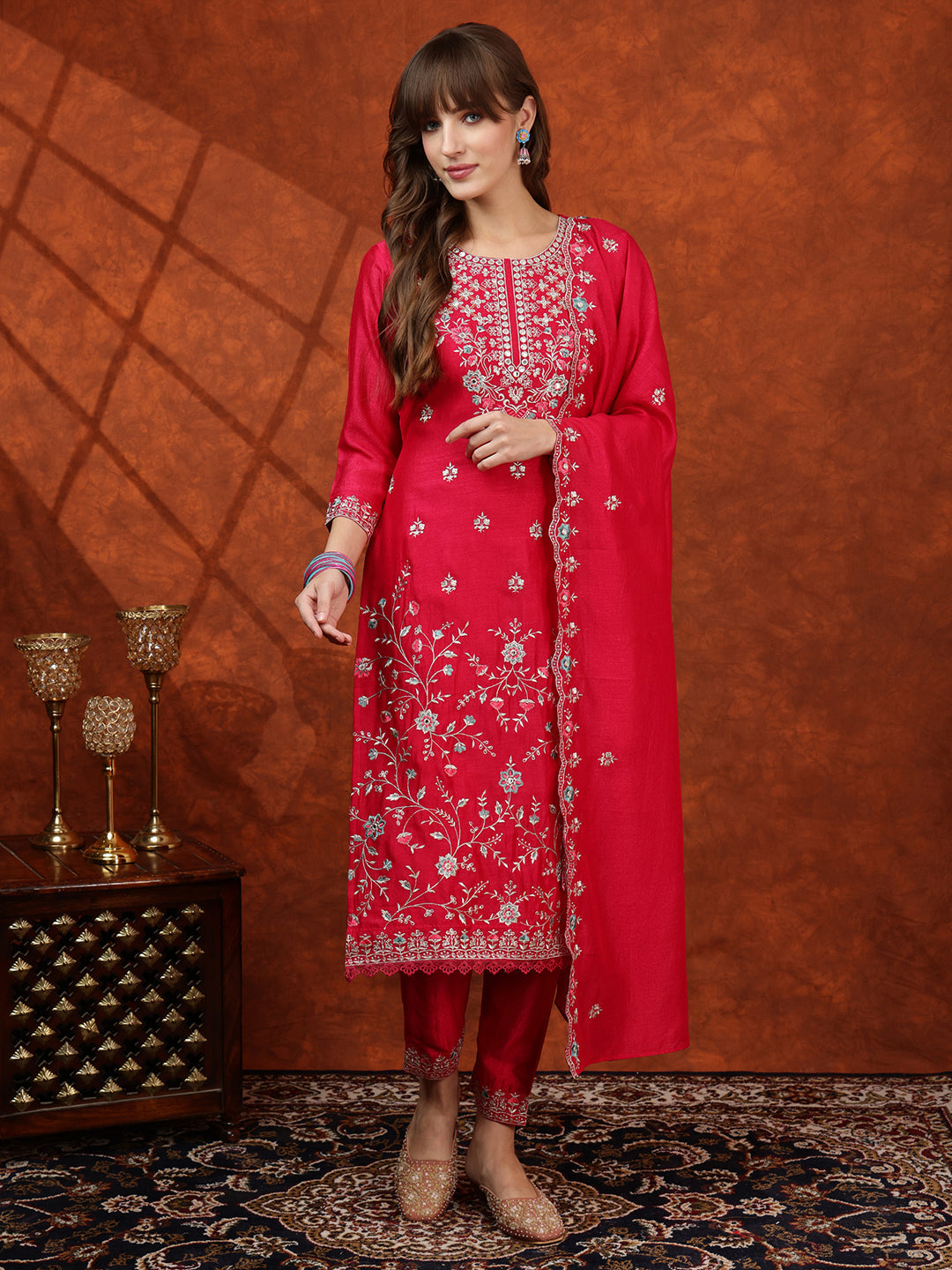 Embroidered Kurta With Pant & Embroidered Dupatta, Pink - Hiral Fashion - Distacart