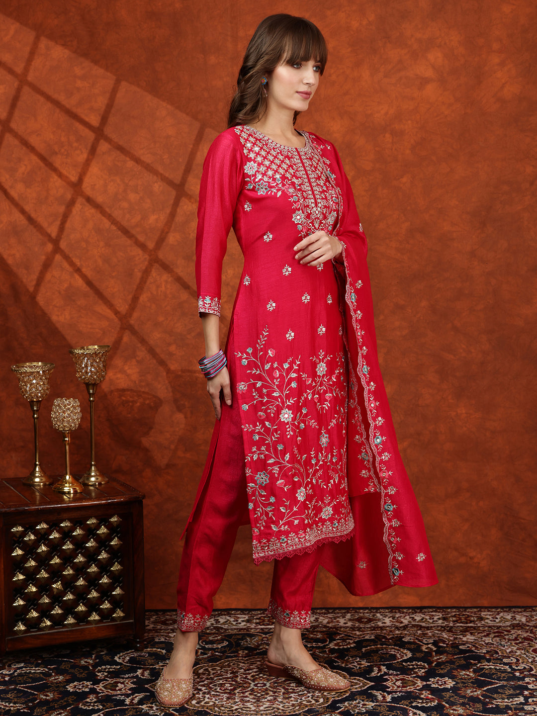 Embroidered Kurta With Pant & Embroidered Dupatta, Pink - Hiral Fashion - Distacart