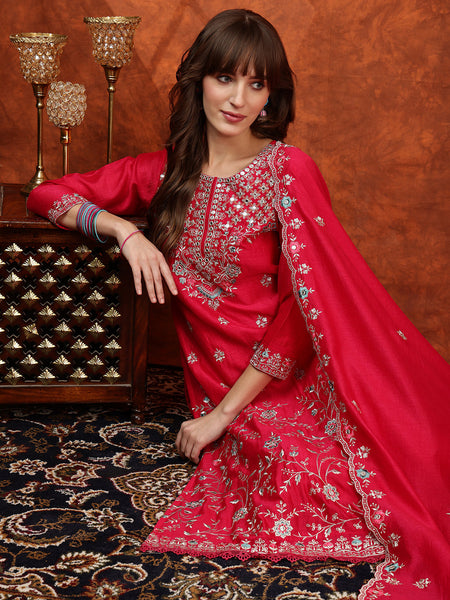 Embroidered Kurta With Pant & Embroidered Dupatta, Pink - Hiral Fashion