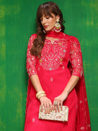 Hand Embroidered Kurta With Pant & Embroidered Dupatta, Pink - Hiral Fashion - Distacart