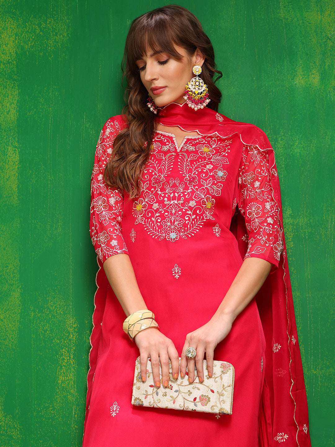 Hand Embroidered Kurta With Pant & Embroidered Dupatta, Pink - Hiral Fashion - Distacart