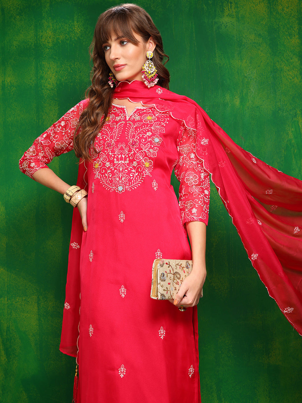 Hand Embroidered Kurta With Pant & Embroidered Dupatta, Pink - Hiral Fashion - Distacart