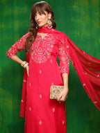 Hand Embroidered Kurta With Pant & Embroidered Dupatta, Pink - Hiral Fashion - Distacart