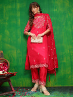 Hand Embroidered Kurta With Pant & Embroidered Dupatta, Pink - Hiral Fashion - Distacart