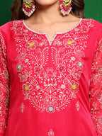 Hand Embroidered Kurta With Pant & Embroidered Dupatta, Pink - Hiral Fashion - Distacart
