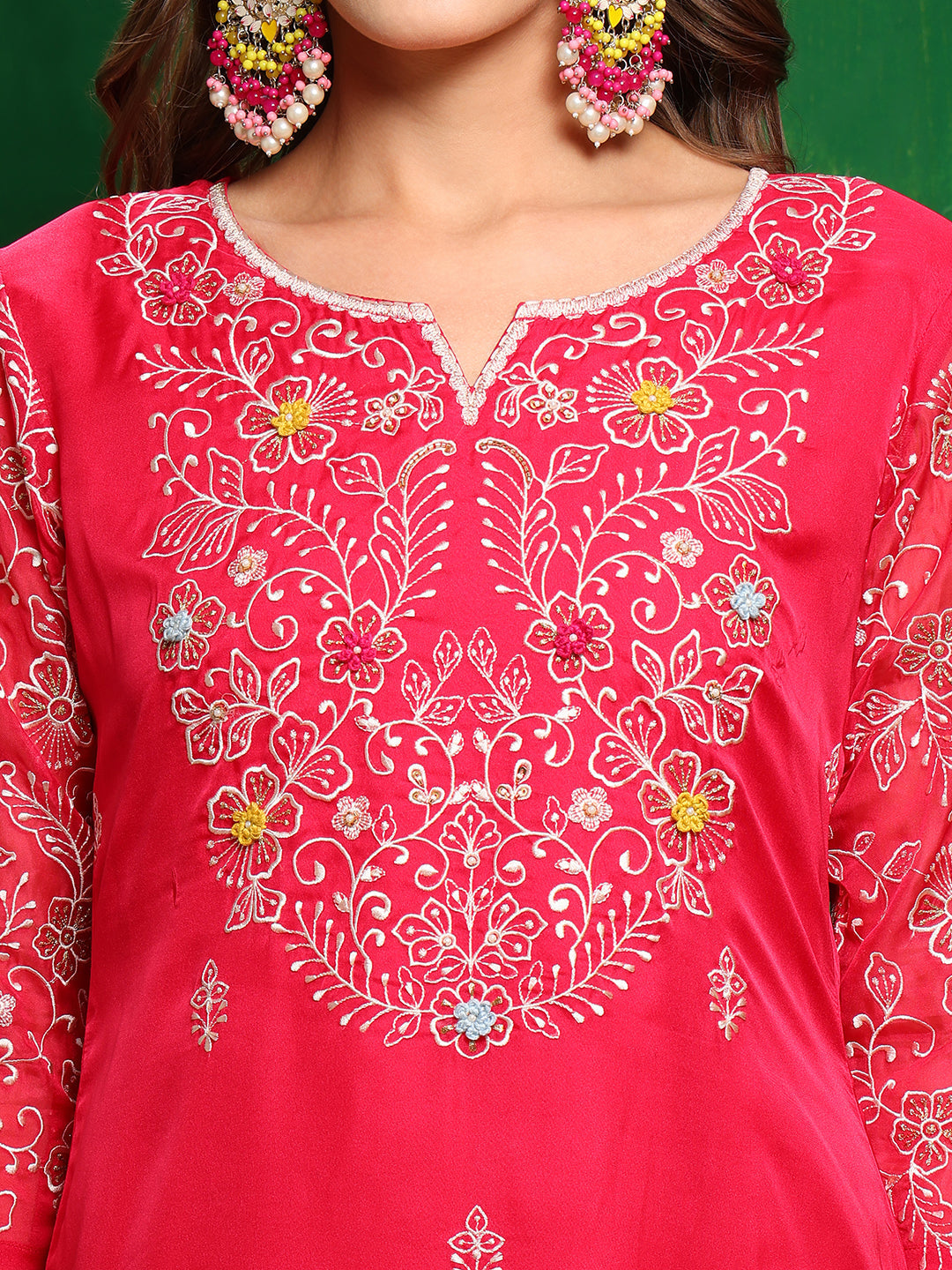 Hand Embroidered Kurta With Pant & Embroidered Dupatta, Pink - Hiral Fashion - Distacart
