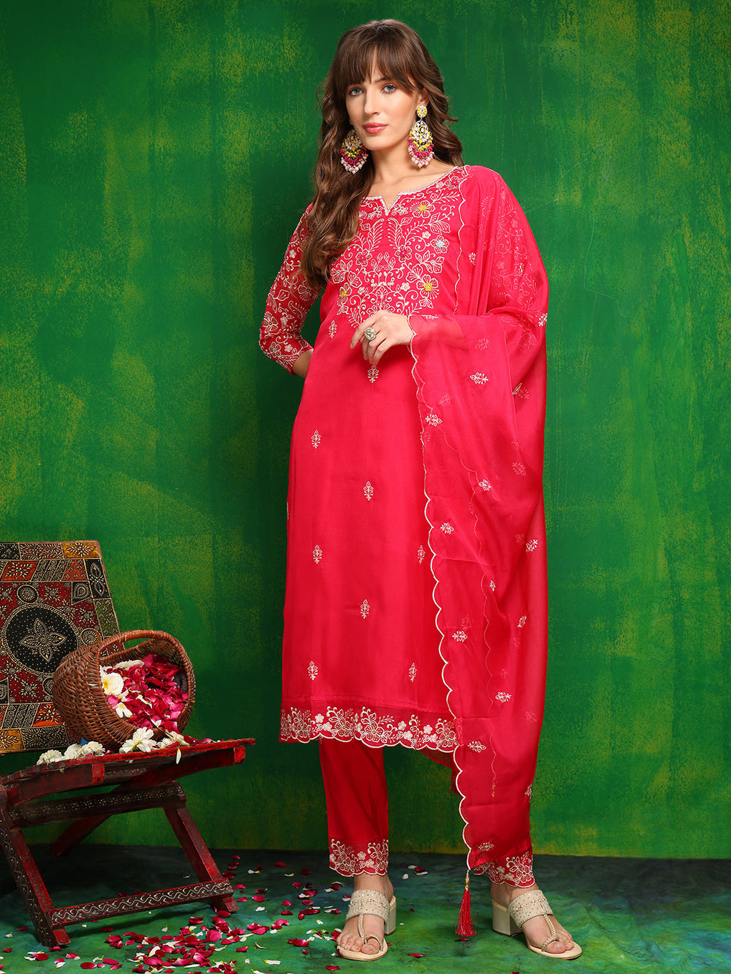Hand Embroidered Kurta With Pant & Embroidered Dupatta, Pink - Hiral Fashion - Distacart