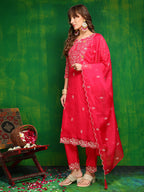 Hand Embroidered Kurta With Pant & Embroidered Dupatta, Pink - Hiral Fashion - Distacart