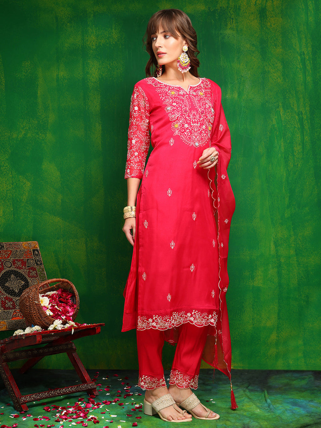 Hand Embroidered Kurta With Pant & Embroidered Dupatta, Pink - Hiral Fashion - Distacart