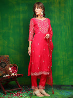 Hand Embroidered Kurta With Pant & Embroidered Dupatta, Pink - Hiral Fashion - Distacart