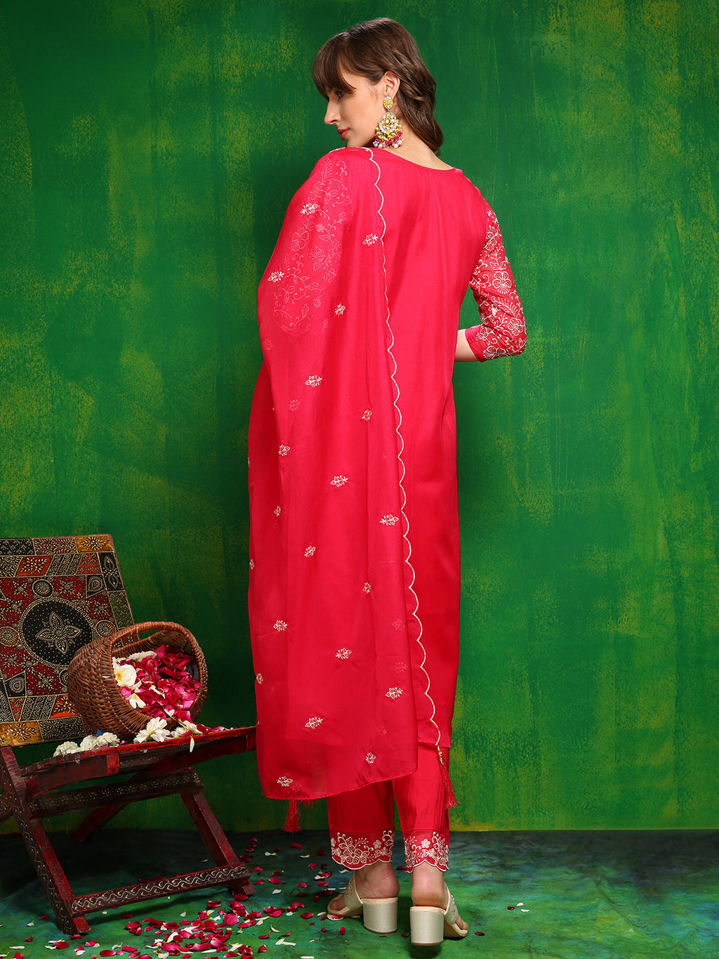 Hand Embroidered Kurta With Pant & Embroidered Dupatta, Pink - Hiral Fashion - Distacart