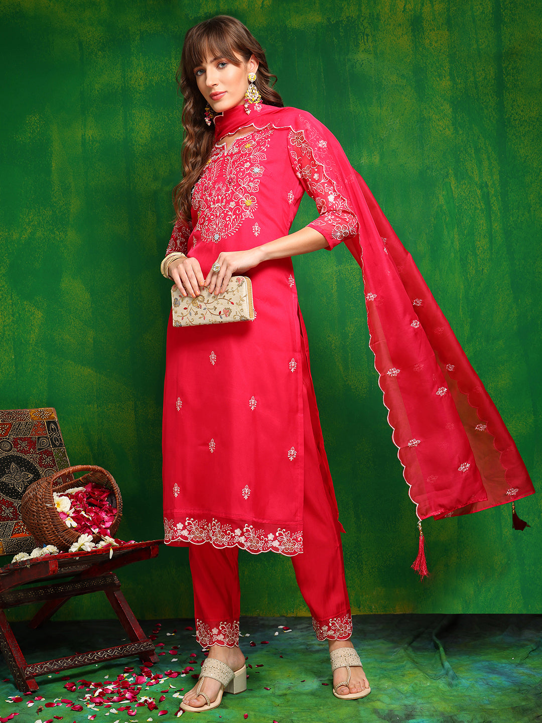 Hand Embroidered Kurta With Pant & Embroidered Dupatta, Pink - Hiral Fashion - Distacart