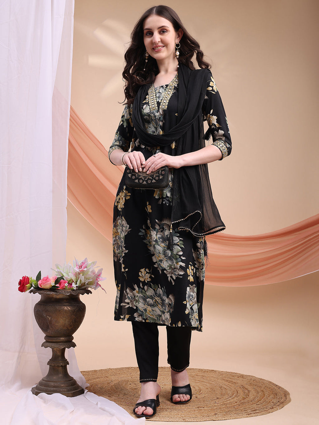 Floral Printed A-Line Kurta With Pant & Dupatta, Black - Hiral Fashion - Distacart