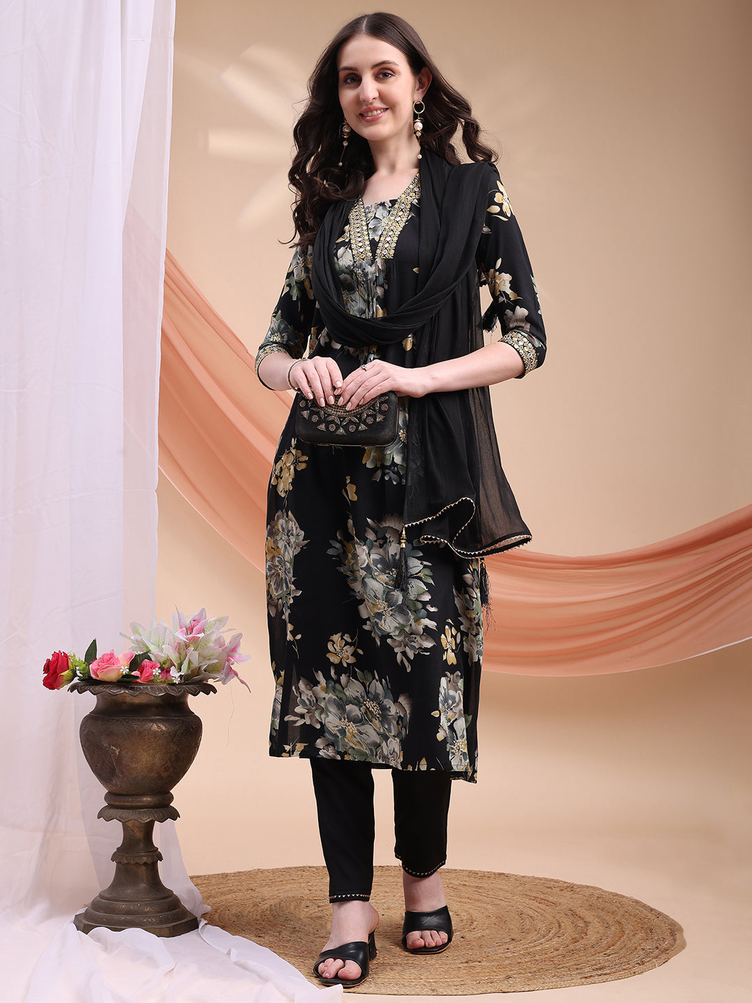 Floral Printed A-Line Kurta With Pant & Dupatta, Black - Hiral Fashion - Distacart