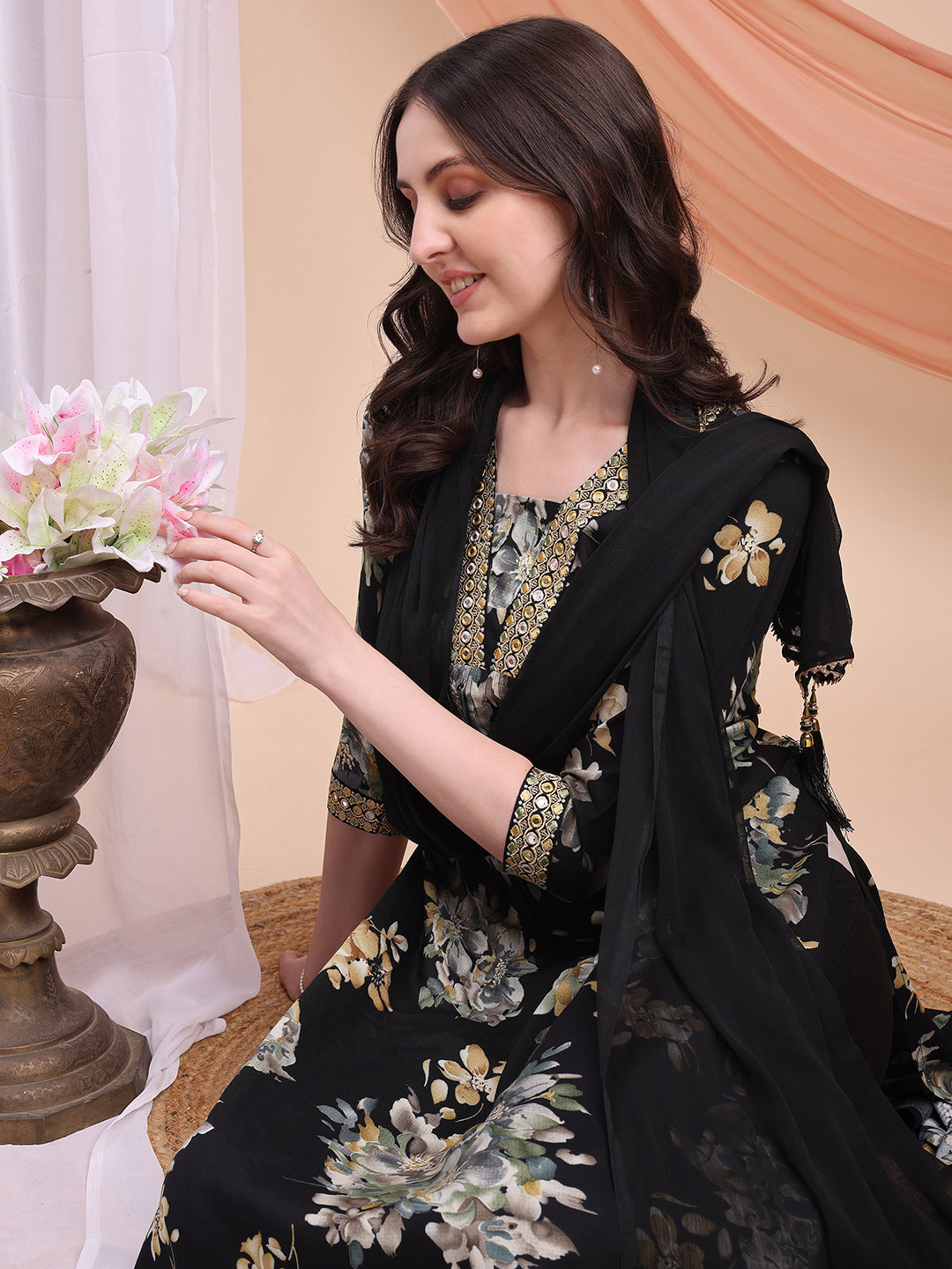 Floral Printed A-Line Kurta With Pant & Dupatta, Black - Hiral Fashion - Distacart