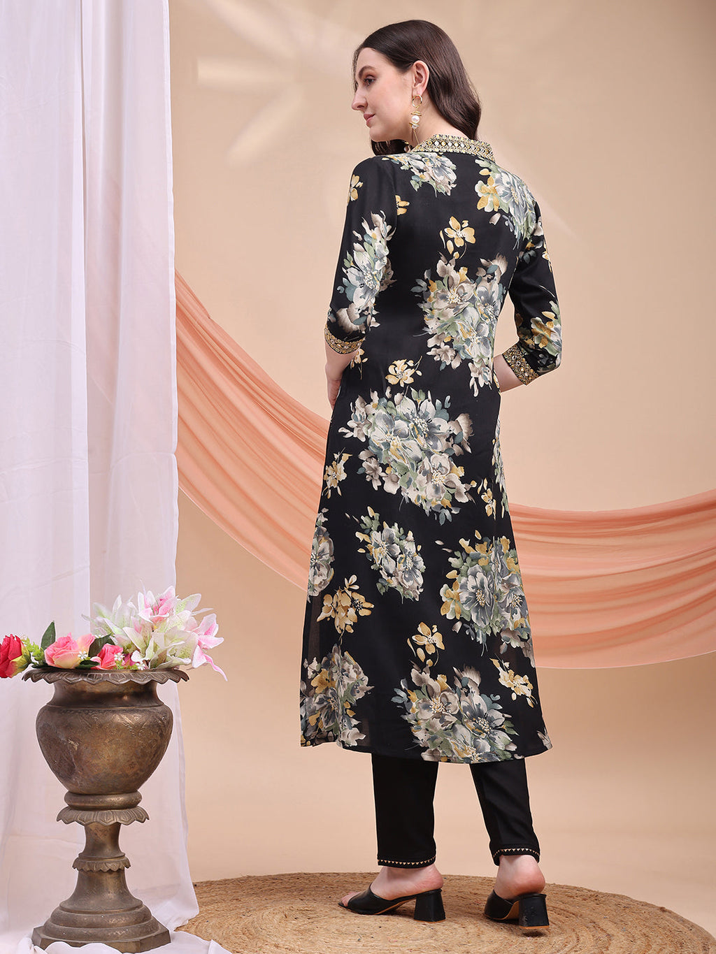 Floral Printed A-Line Kurta With Pant & Dupatta, Black - Hiral Fashion - Distacart