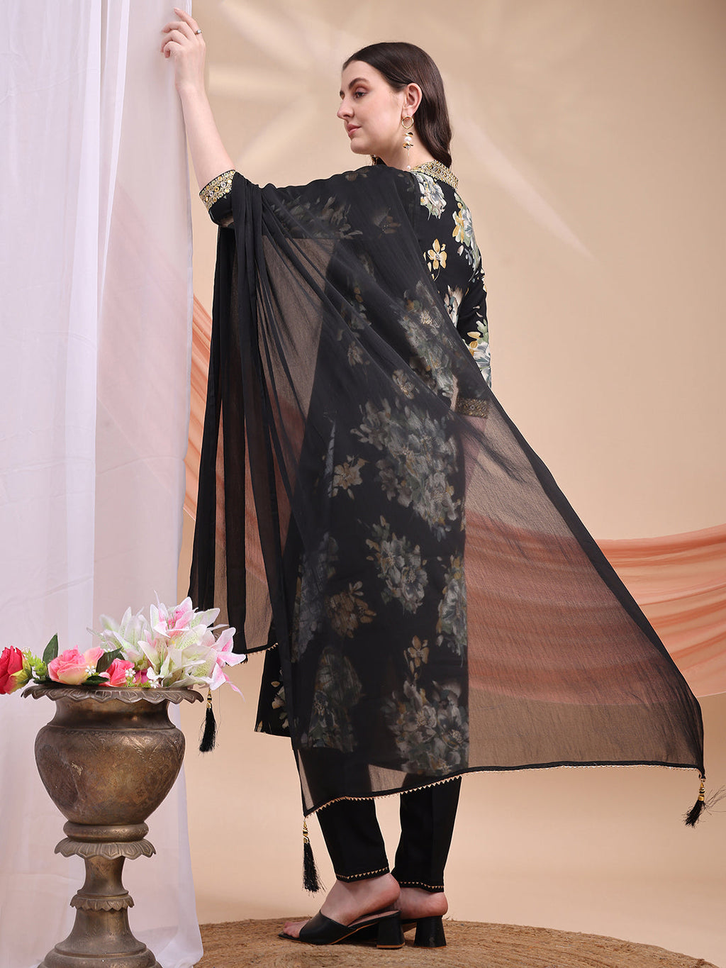 Floral Printed A-Line Kurta With Pant & Dupatta, Black - Hiral Fashion - Distacart