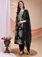 Floral Printed A-Line Kurta With Pant & Dupatta, Black - Hiral Fashion - Distacart