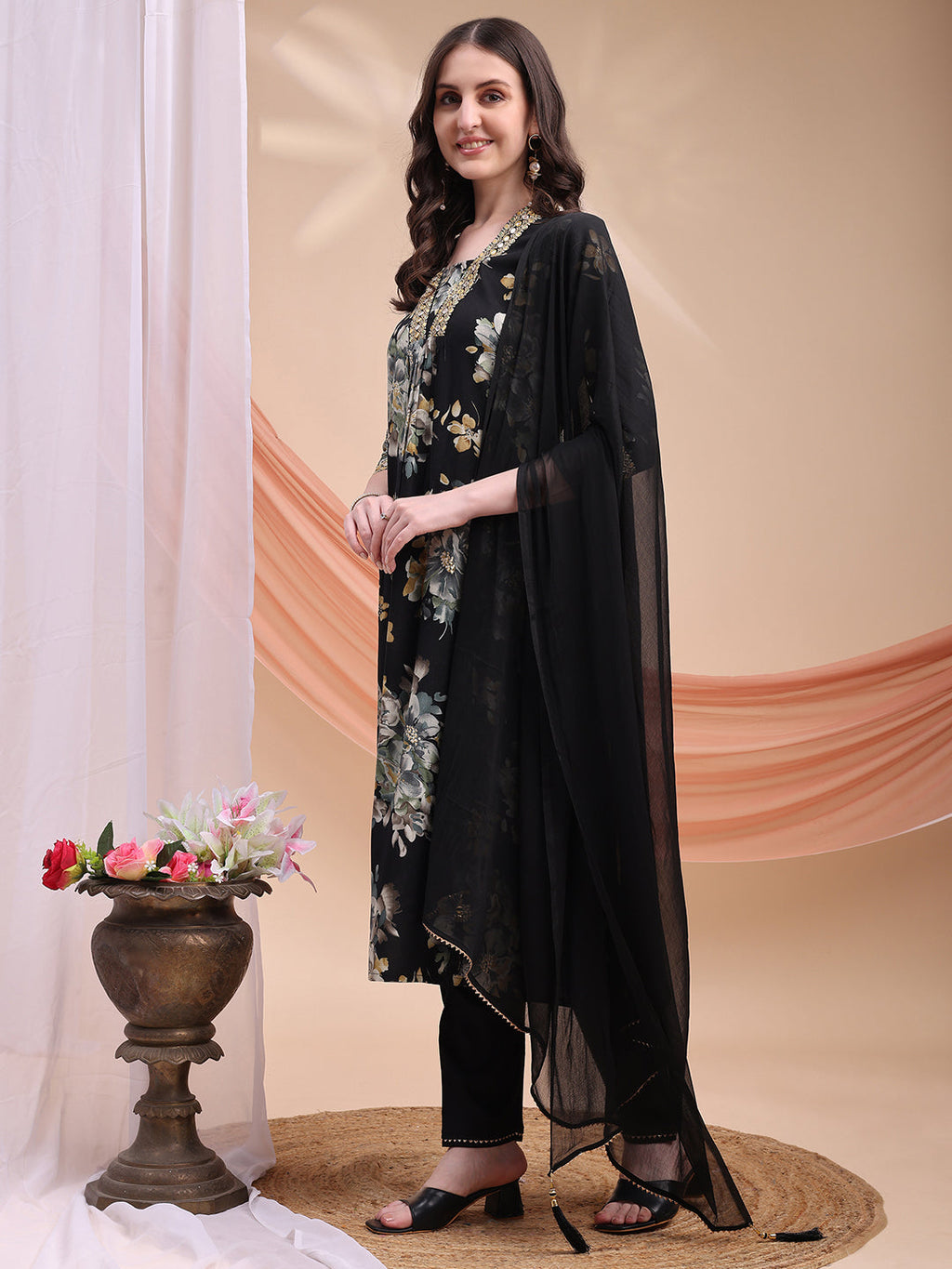 Floral Printed A-Line Kurta With Pant & Dupatta, Black - Hiral Fashion - Distacart