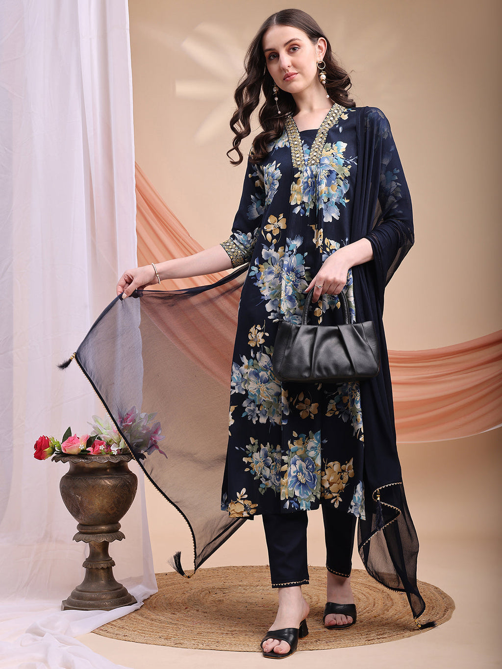 Floral Printed A-Line Kurta With Pant & Dupatta, Navy Blue - Hiral Fashion - Distacart