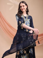 Floral Printed A-Line Kurta With Pant & Dupatta, Navy Blue - Hiral Fashion - Distacart