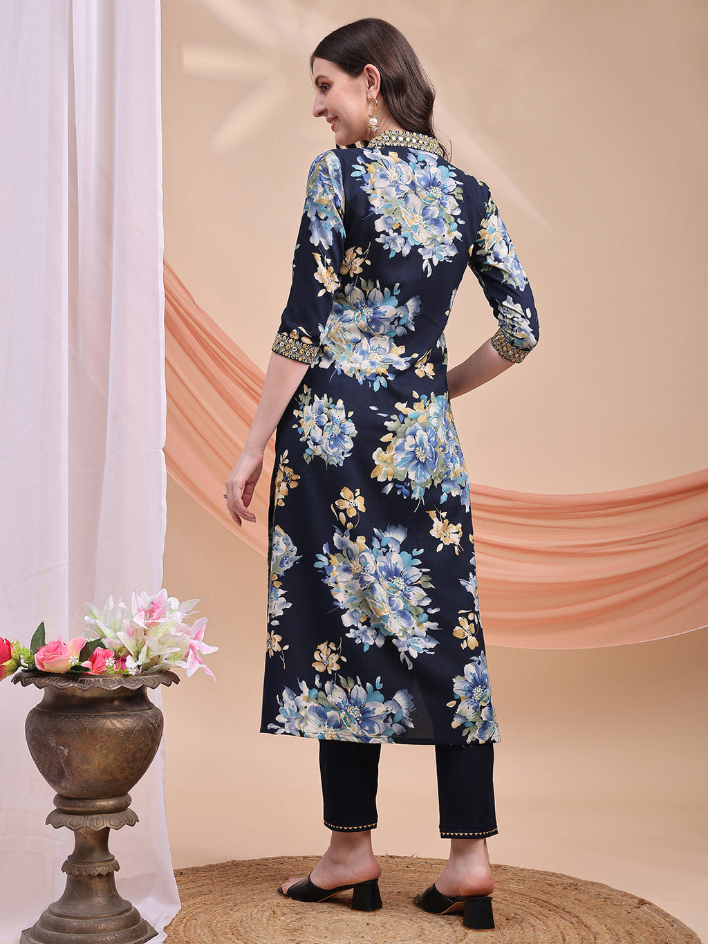 Floral Printed A-Line Kurta With Pant & Dupatta, Navy Blue - Hiral Fashion - Distacart