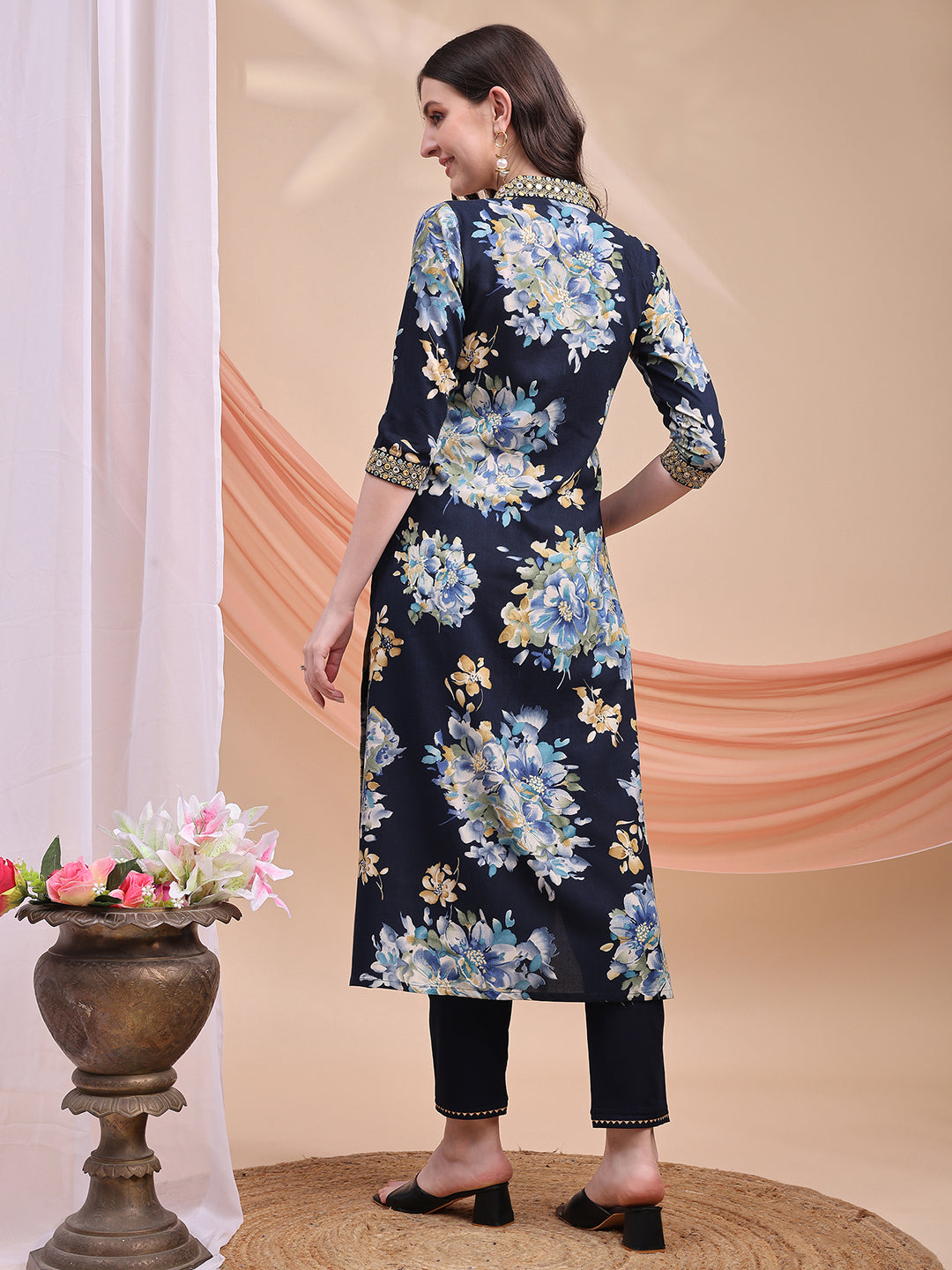 Floral Printed A-Line Kurta With Pant & Dupatta, Navy Blue - Hiral Fashion - Distacart