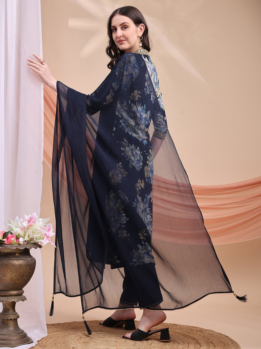 Floral Printed A-Line Kurta With Pant & Dupatta, Navy Blue - Hiral Fashion - Distacart