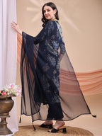 Floral Printed A-Line Kurta With Pant & Dupatta, Navy Blue - Hiral Fashion - Distacart