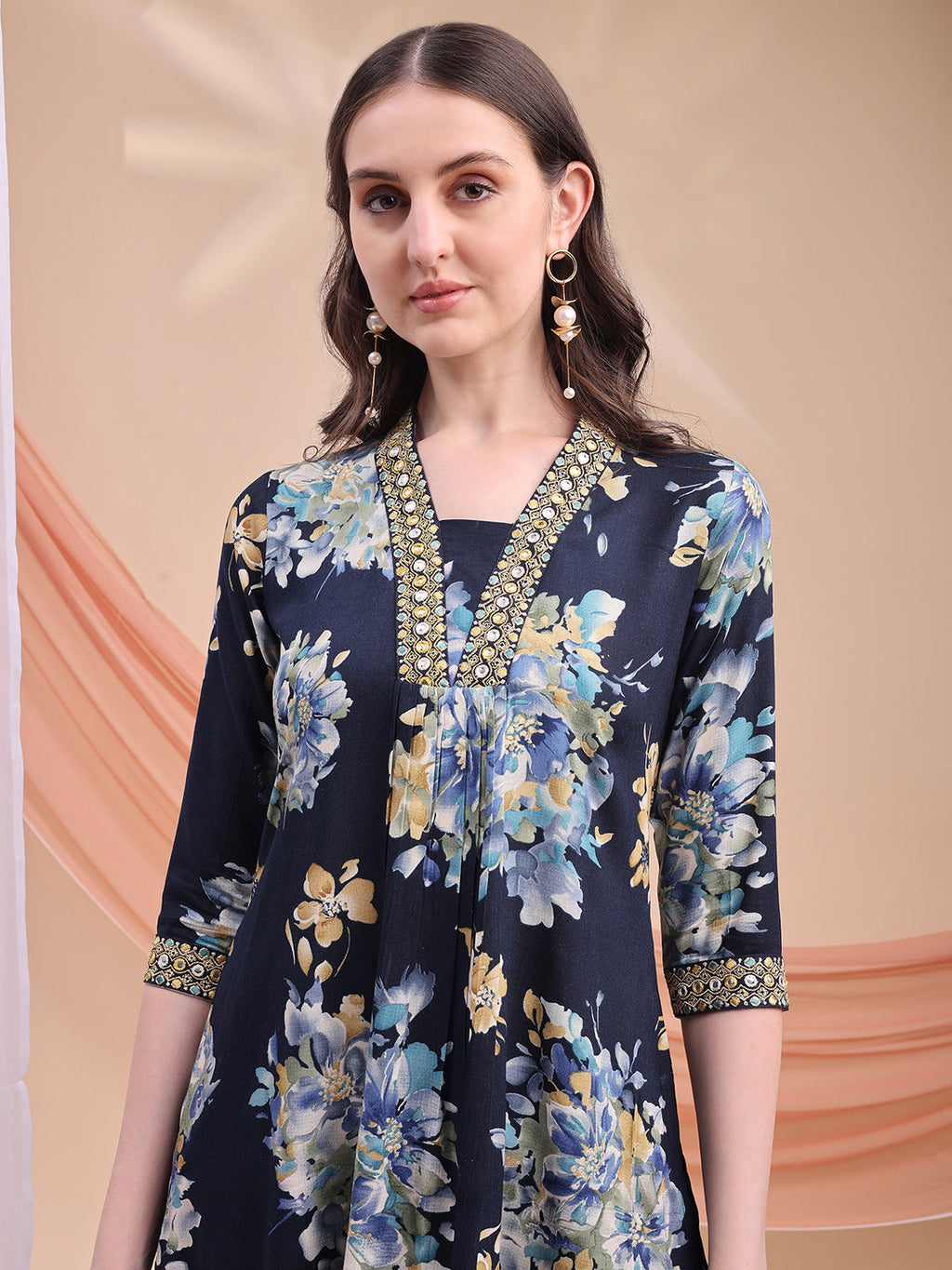 Floral Printed A-Line Kurta With Pant & Dupatta, Navy Blue - Hiral Fashion - Distacart
