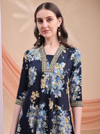 Floral Printed A-Line Kurta With Pant & Dupatta, Navy Blue - Hiral Fashion - Distacart
