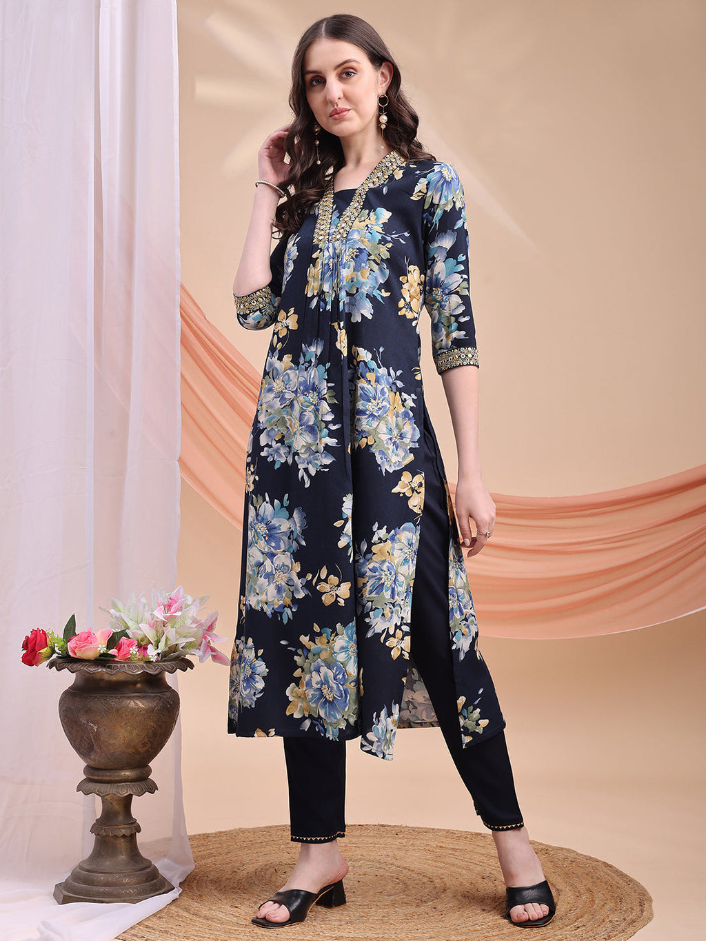 Floral Printed A-Line Kurta With Pant & Dupatta, Navy Blue - Hiral Fashion - Distacart